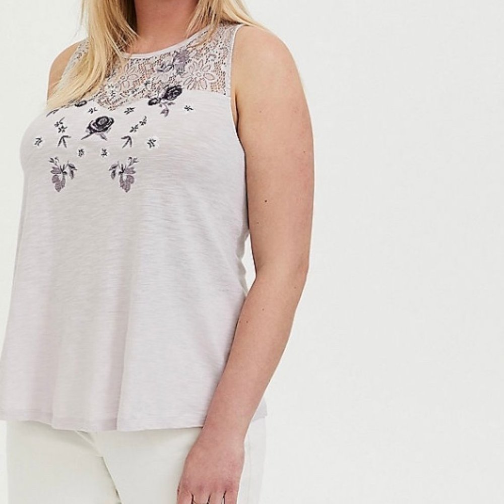 Torrid Lilac Embroidered Lace Yoke Tank